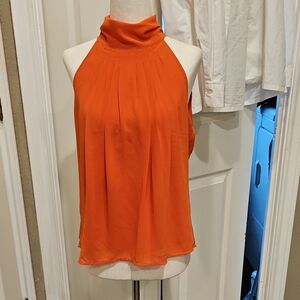 NORAH Orange Polyester Mock Turtle Neck Gathered Zipper Back Sleeveless Top S